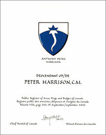 Lettres patentes concédant des emblèmes héraldiques à Peter Harrison