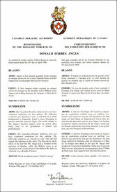 Lettres patentes enregistrant les emblèmes héraldiques de Donald Forbes Angus