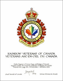 Letters patent granting heraldic emblems to the Rainbow Veterans of Canada