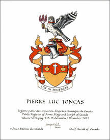 Letters patent granting heraldic emblems to Pierre Luc Joncas