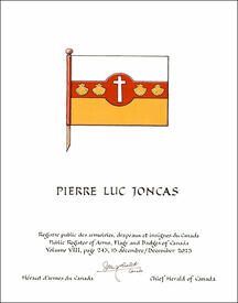 Letters patent granting heraldic emblems to Pierre Luc Joncas