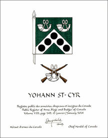 Letters patent granting heraldic emblems to Yohann St-Cyr