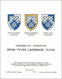 Letters patent granting heraldic emblems to Dean Tyler LaGrange