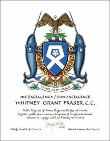 Letters patent granting heraldic emblems to Whitney Grant Fraser