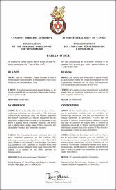 Letters patent registering the heraldic emblems of Fabian O’Dea