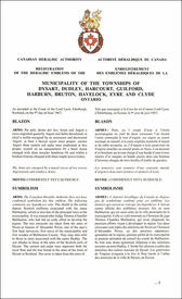 Lettres patentes enregistrant les emblèmes héraldiques de la Municipality of the United Townships of Dysart