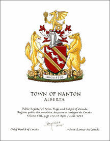 Letters patent granting heraldic emblems to the Town of Nanton