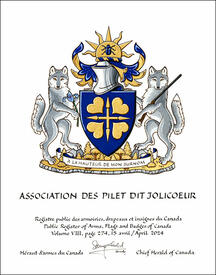 Letters patent granting heraldic emblems to the Association des Pilet dit Jolicoeur