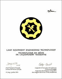 Letters patent approving the Badge of a Land Equipment Engineering Technologist