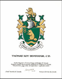 Letters patent granting heraldic emblems to Thomas Roy Beveridge