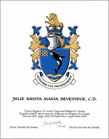 Letters patent granting heraldic emblems to Julie Krista Maria Beveridge