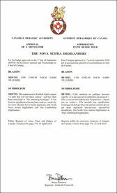 Lettres patentes approuvant les emblèmes héraldiques de The Nova Scotia Highlanders