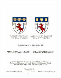 Lettres patentes concédant des emblèmes héraldiques à Waldemar Joseph Grandwilewski