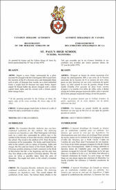 Lettres patentes enregistrant les emblèmes héraldiques de la St. Paul's High School