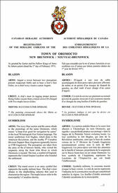 Lettres patentes enregistrant les emblèmes héraldiques de la Town of Oromocto