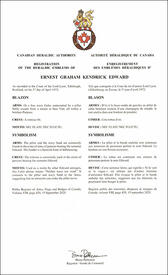 Lettres patentes enregistrant les emblèmes héraldiques d'Ernest Graham Kendrick Edward Lettres patentes enregistrant les emblèmes héraldiques d'Ernest Graham Kendrick Edward
