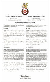 Letters patent registering the heraldic emblems of Howard Kenneth MacLennan Letters patent registering the heraldic emblems of Howard Kenneth MacLennan