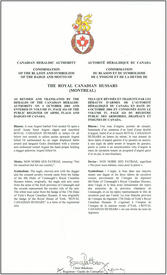 Letters patent confirming the blazon of the Badge of The Royal Canadian Hussars (Montreal)