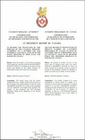 Lettres patentes confirmant le blasonnement de l'insigne du 12e Régiment blindé du Canada