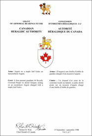 Letters patent granting Armoirial Bearings to the Canadian Heraldic Authority