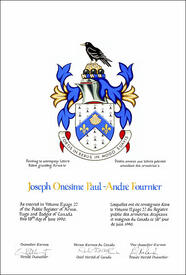 Letters patent granting heraldic emblems to Joseph Onésime Paul-André Fournier