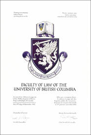 Letters patent granting heraldic emblems to the Faculty of Law of the University of British Columbia