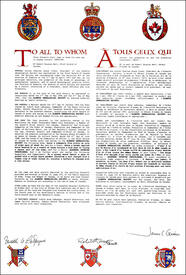 Letters patent granting heraldic emblems to the Alberta Genealogical Society