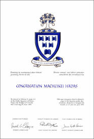Letters patent granting heraldic emblems to the Congregation Machzikei Hadas