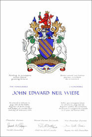 Letters patent granting heraldic emblems to John Edward Neil Wiebe