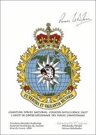 Lettres patentes approuvant l’insigne de l'Unité de contre-espionnage des Forces canadiennes Lettres patentes approuvant l’insigne de l'Unité de contre-espionnage des Forces canadiennes