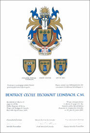 Letters patent granting heraldic emblems to Beatrice Cecile Eeckhout Leinbach