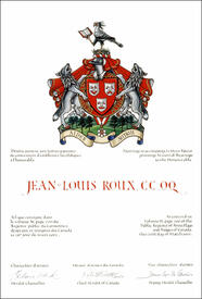 Letters patent granting heraldic emblems to Jean-Louis Roux