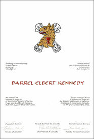 Letters patent granting heraldic emblems to Darrel Elbert Kennedy