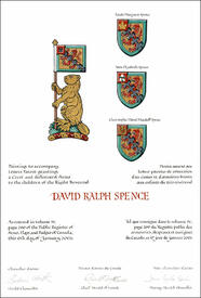 Letters patent granting heraldic emblems to David Ralph Spence