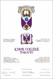 Letters patent granting heraldic emblems to Knox College, Toronto