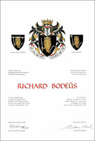 Letters patent granting heraldic emblems to Richard Bodéüs