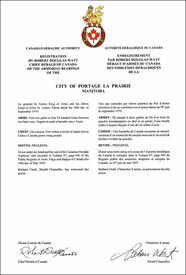 Letters patent registering the Armoirial Bearings of the City of Portage la Prairie