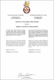Confirmation du droit de Shirley Knowles Greenwood de porter des armoiries Confirmation du droit de Shirley Knowles Greenwood de porter des armoiries