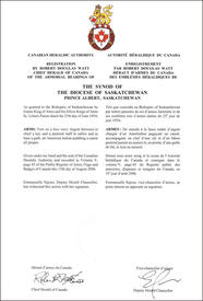 Lettres patentes enregistrant les emblèmes héraldiques de The Synod of the Diocese of Saskatchewan