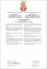 Lettres patentes enregistrant les emblèmes héraldiques de la Acadia University