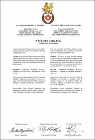 Lettres patentes enregistrant les emblèmes héraldiques du Wycliffe College