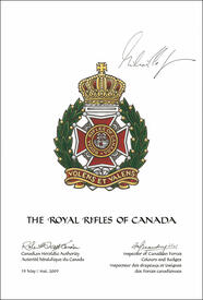 Letters patent approving heraldic emblems for The Royal Rifles of Canada