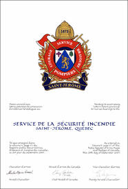 Letters patent granting heraldic emblems to the Service de la sécurité incendie, Saint-Jérôme