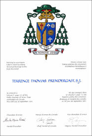 Letters patent granting heraldic emblems to Terrence Thomas Prendergast