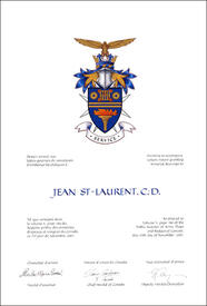 Letters patent granting heraldic emblems to Jean St-Laurent