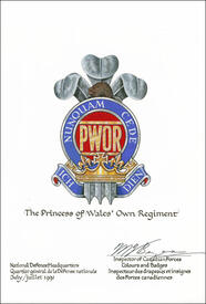 Letters patent confirming the blazon of the Badge of The Princess of Wales’ Own Regiment Letters patent confirming the blazon of the Badge of The Princess of Wales’ Own Regiment
