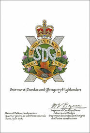 Lettres patentes confirmant le blasonnement de l'insigne des Stormont, Dundas and Glengarry Highlanders