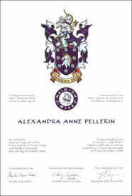 Letters patent granting heraldic emblems to Alexandra Anne Pellerin