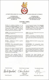 Lettres patentes confirmant les emblèmes héraldiques du Centre Uriel