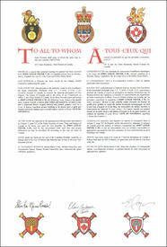 Letters patent granting heraldic emblems to John Leslie Fryer Letters patent granting heraldic emblems to John Leslie Fryer